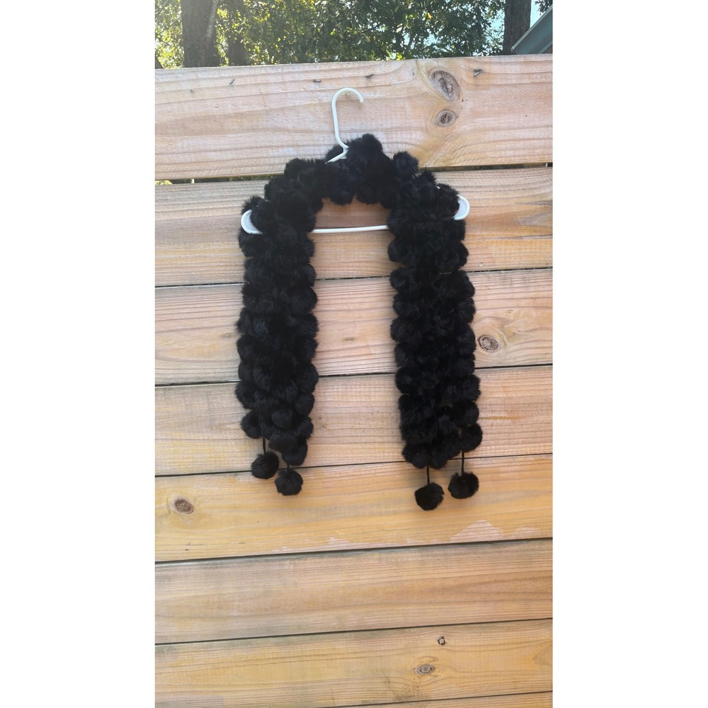 Black Real Fur Pom Pom Scarf Long Winter Wrap with Dangling Accents